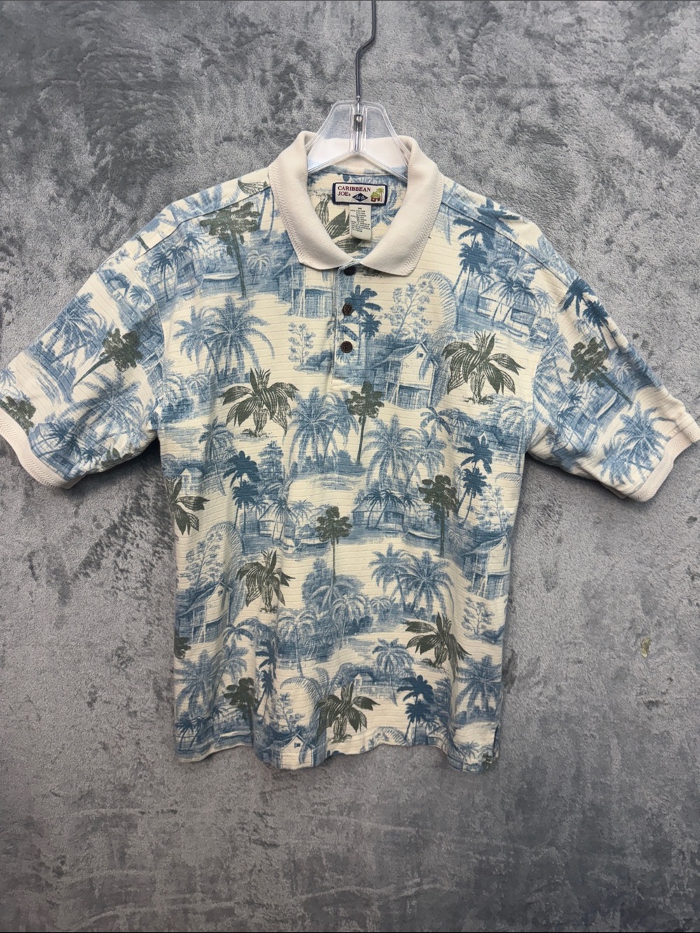 Caribbean Joe Med Blue and Cream Tropical Polo with Palm Print Hawaiian